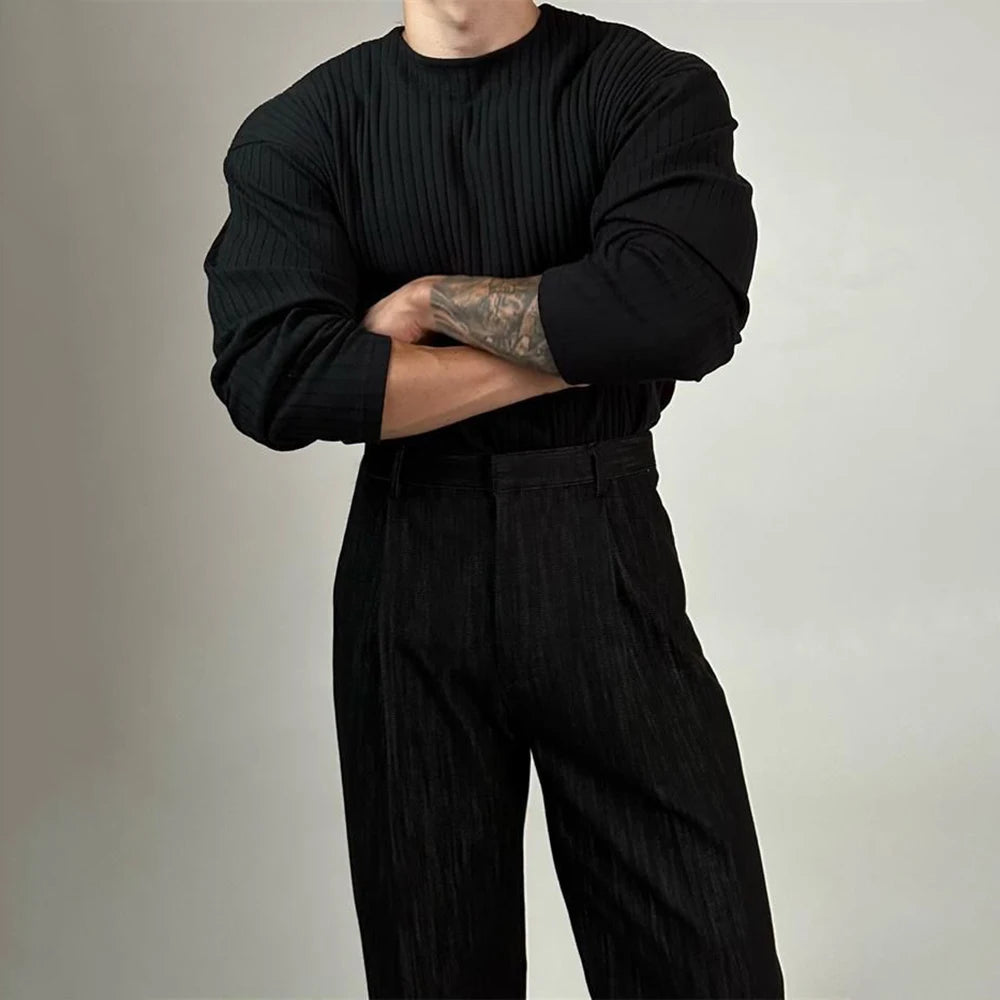 Mens Autumn Concave Convex Striped Off-Shoulder Long-Sleeved Knitted T-Shirt Gender-Neutral Casual Solid Color Loose Top Unisex