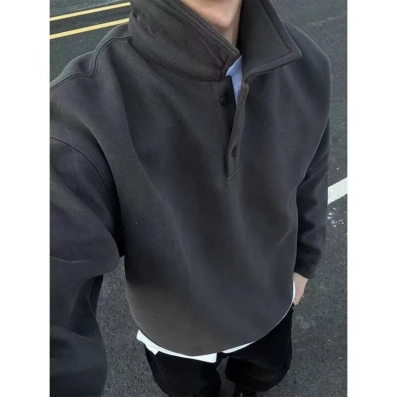 Deep Grey Polo Collar Sweatshirt Men's Spring Autumn Long Sleeve Turn Collar American Retro Jacket Loose Fit Casual Wear
