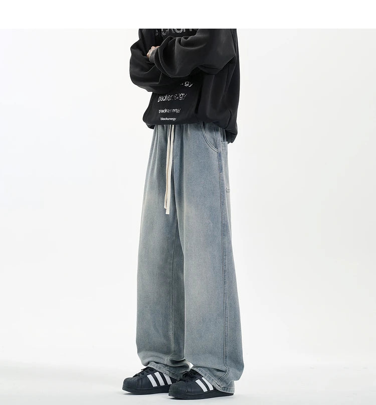 New Men's Jeans Washed Jeans Pants Unisex Drawstring Denim Pants Male Streetwear Korean Straight cylinder loose Cowboy Trousers