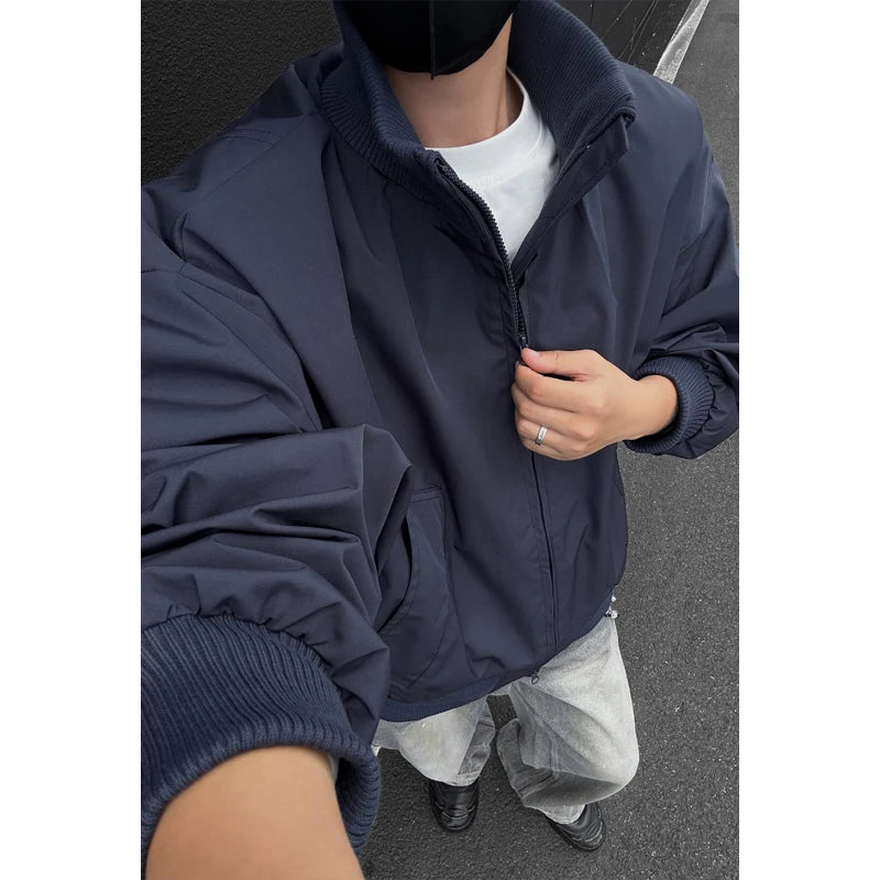 Jacket Mens Casual Jacket Solid Stand Collar Loose Fit Zipper Autumn Coat Ribbed Cuffs Relaxed Outerwear