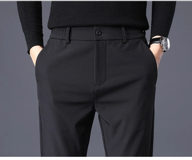 Winter Warm Fleece Men's Business Casual Pants Stretch Slim Fashion Korean Thermal Trousers Classic Simple Male Plush Clothes