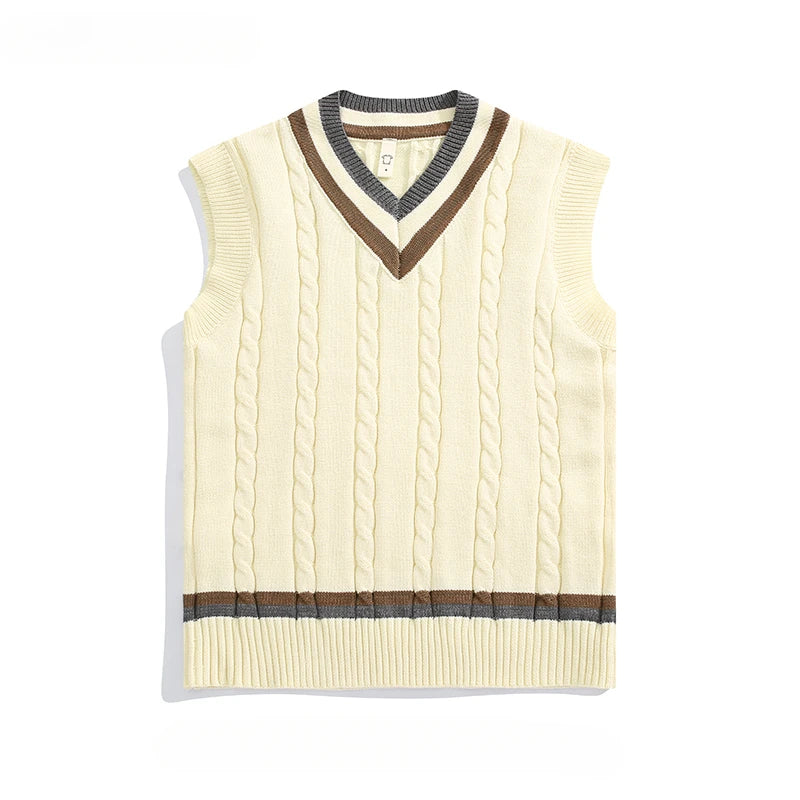 Men's British Retro College Style Color Block V-neck Sleeveless Knitted Vests Autumn Winter Versatile Layered Sweater Waistcoat
