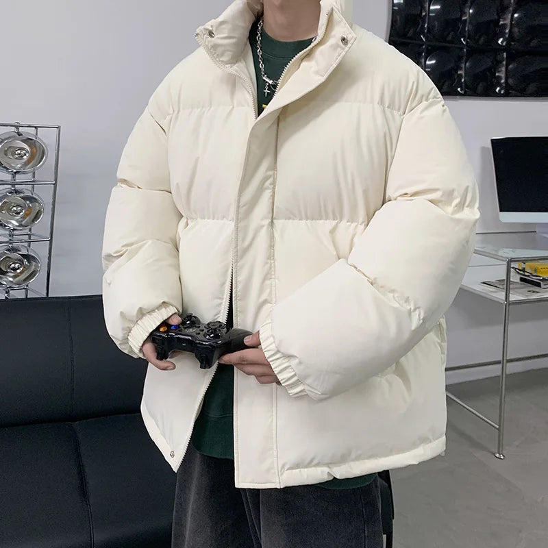 Winter Men Quilted Jackets Heavy Stand Collar Padded Coat Solid Thick Warm Windbreaker Outerwear Clothes Casual Black Khaki