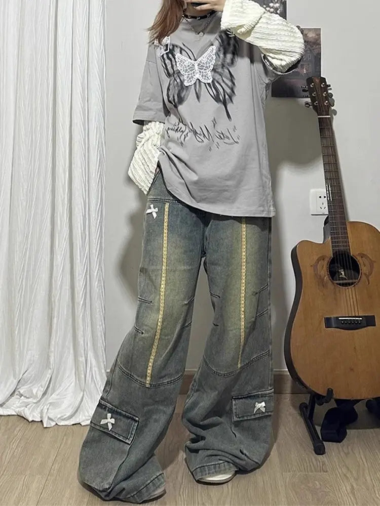 Spring and Autumn New Men and Women Trendy Personalized Straight Tube Splicing Jeans for Couples Loose Retro Casual Pants