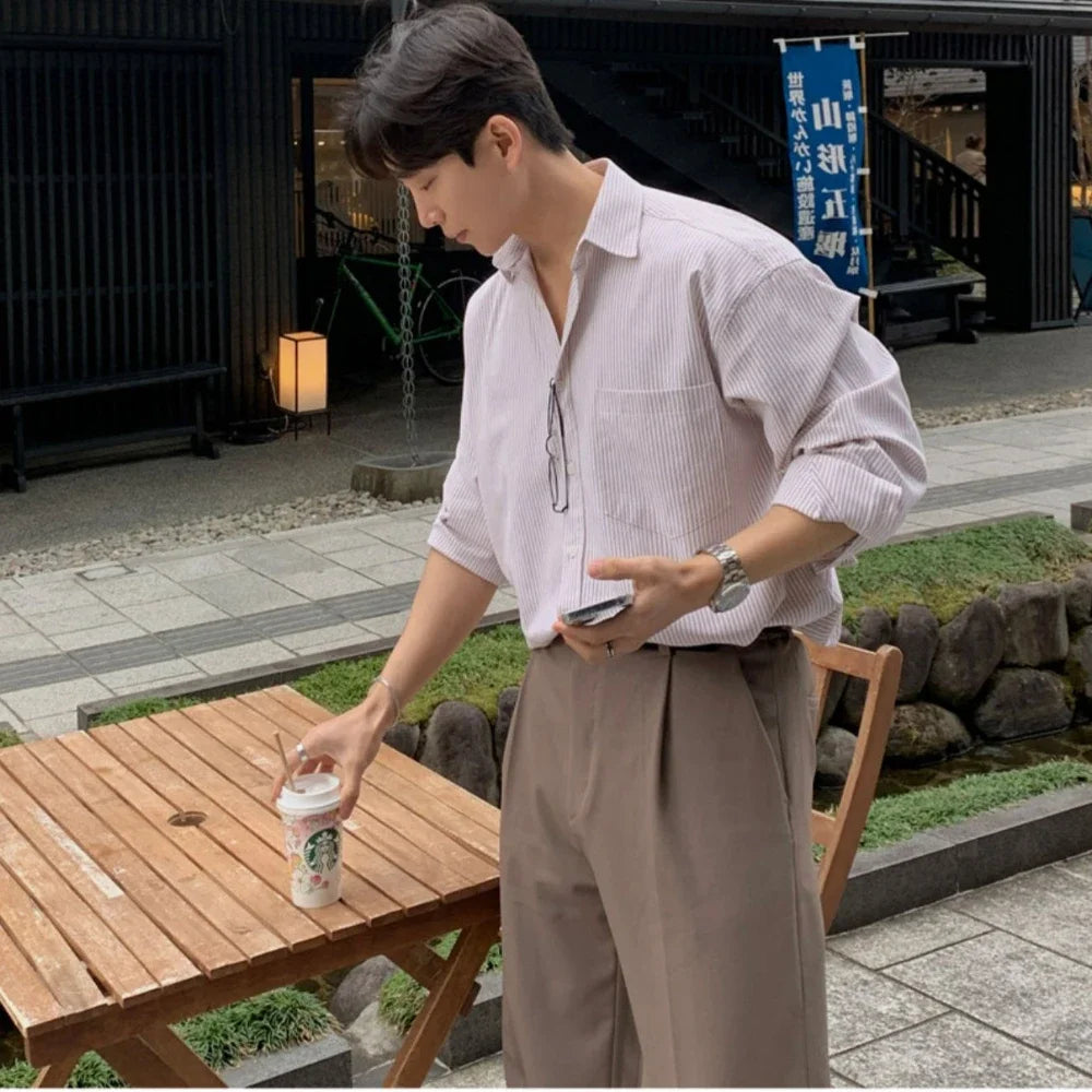 Oversized Men's Niche Striped Shirt, Spring&Autumn Fashion All-Matching Long Sleeve Shirt Coat, Korean Casual Unisex Outdoor