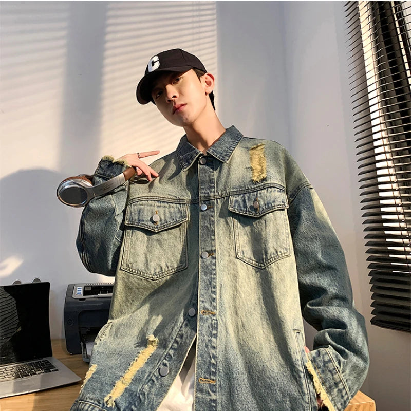 Denim Jackets Men Washed Distressed Raw Edge Hole Autumn Turn-down Collar American Style High Street Retro Baggy Males Overcoats