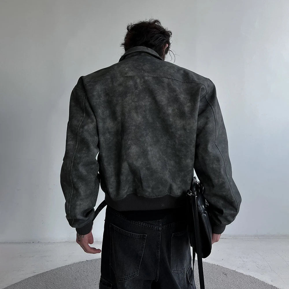 Mens Autumn Winter American Street Retro Distressed Suede Jacket Gender-Neutral Short Loose Casual Trend Biker Jacket Unisex