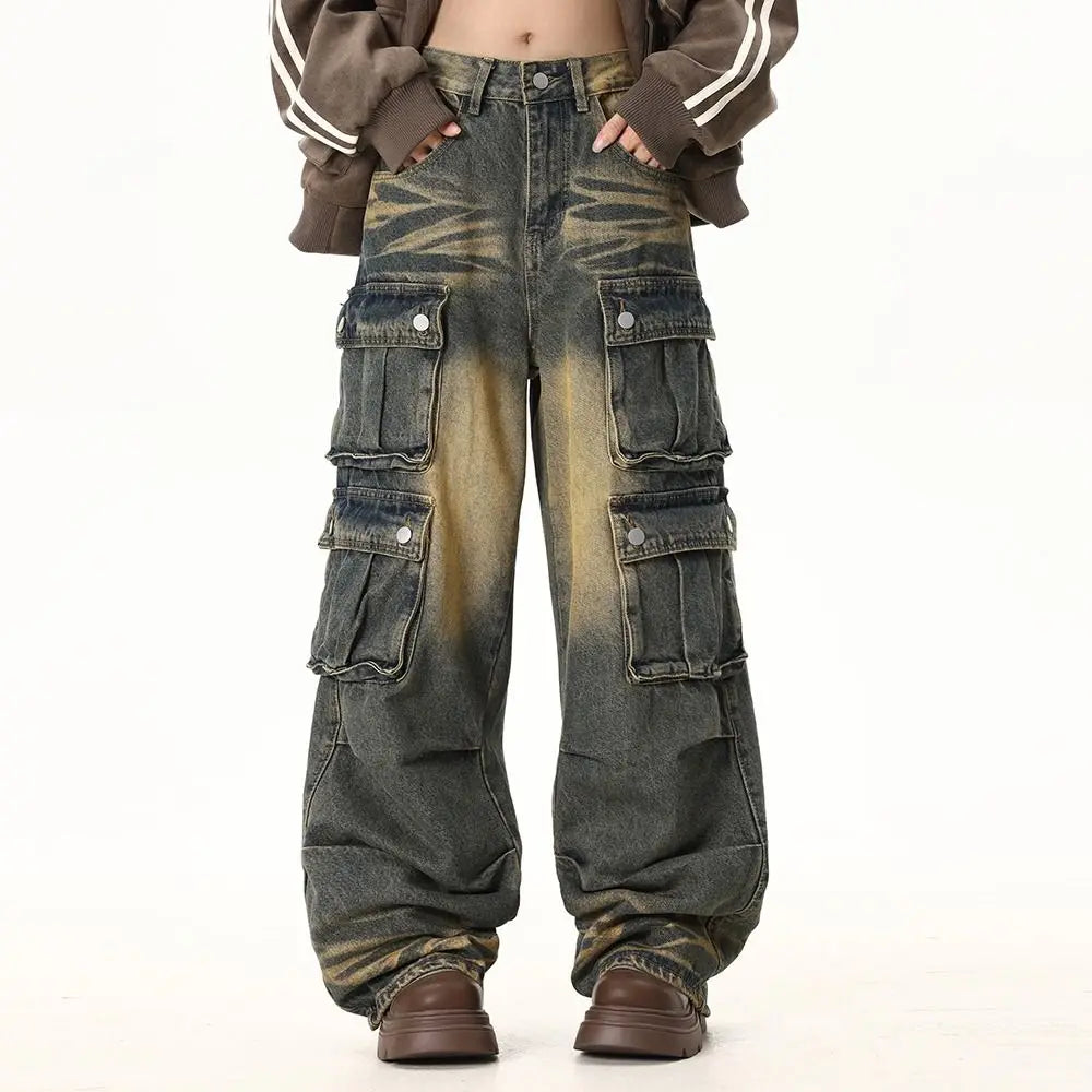 Spring and Autumn Trendy Street Personality Straight Tube Multi Pocket Work Clothes Jeans Couple Loose Retro Casual Pants y2k