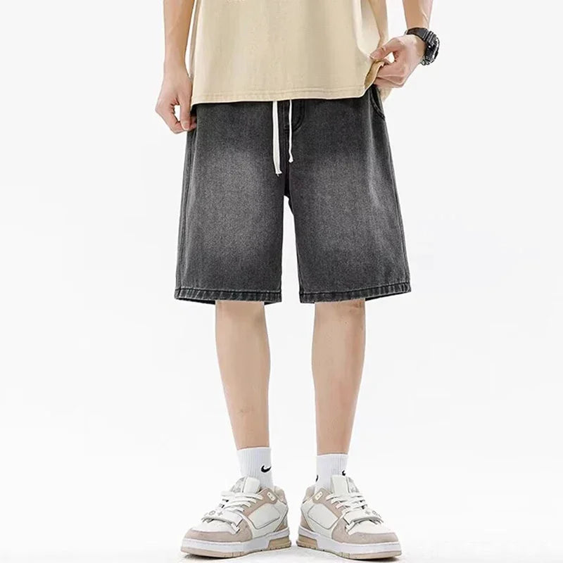 Men Casual Denim Shorts Male Comfortable Elastic Waist Straight Leg New Soft Short Pants Light Blue Loose Baggy Wide Leg Jeans