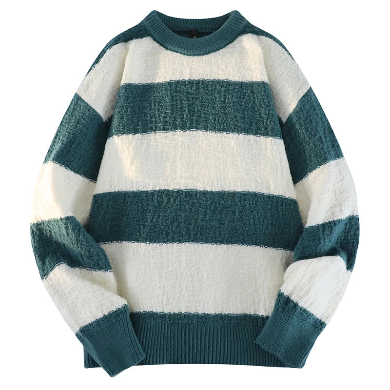 Men's New Black and White Striped Sweater Men's Autumn and Winter Loose Pullover Casual Top Men's Homestay Casual Warmth