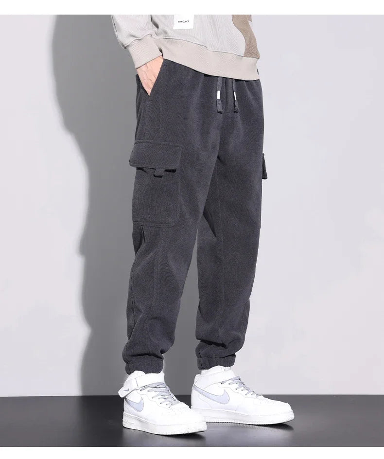 Autumn New Men's Corduroy Cargo Harem Pants Fashion Korean Embroidery Bound Feet Casual Pants Trendy Brand Male Trousers