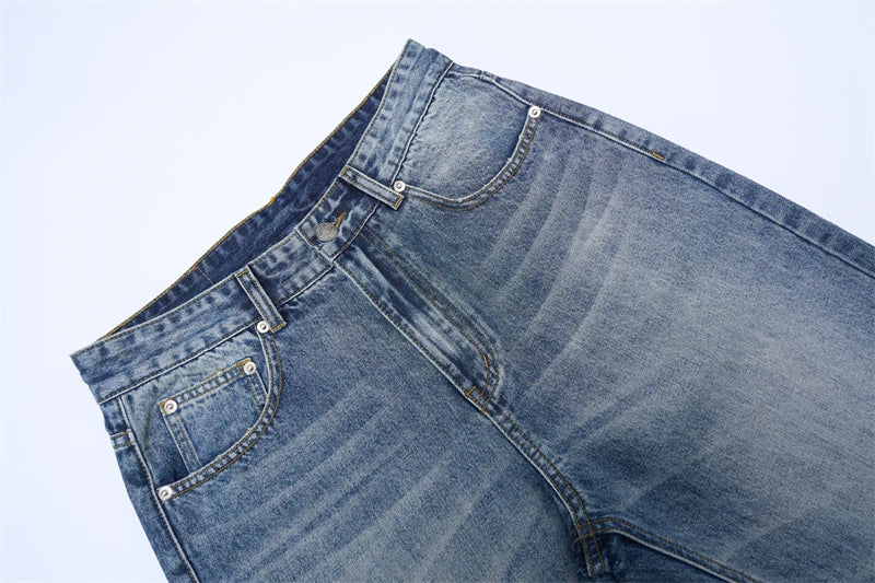 Vintage Wash Men's Loose Jeans American Cleanfit High Street Micro Flared Trousers Autumn Fashion Casual Wide-leg Denim Pants