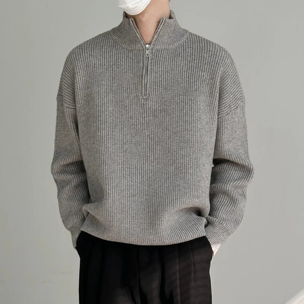 Man Clothes Solid Color Zip-up Knitted Sweaters For Men Black Zipper Plain Pullovers Stylish Casual Winter Fun Neck A