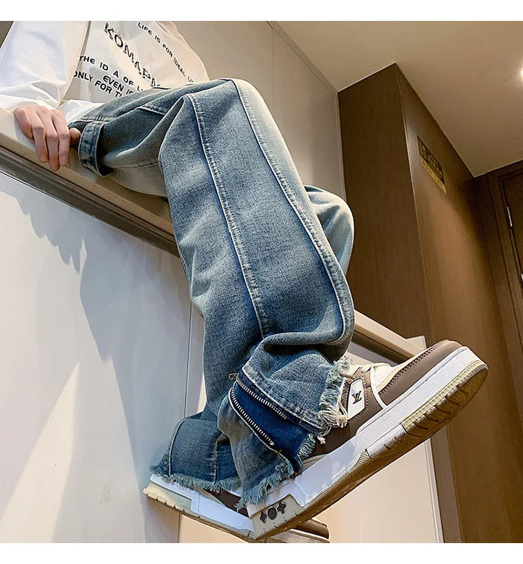 Autumn jeans men New Fashion Side Zipper Casual Jean Pants Men High Street Loose Straight Pant Mens Vintage All-match Trousers