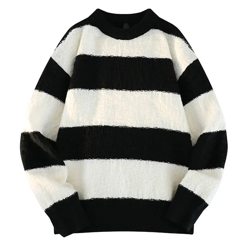 Men's New Black and White Striped Sweater Men's Autumn and Winter Loose Pullover Casual Top Men's Homestay Casual Warmth