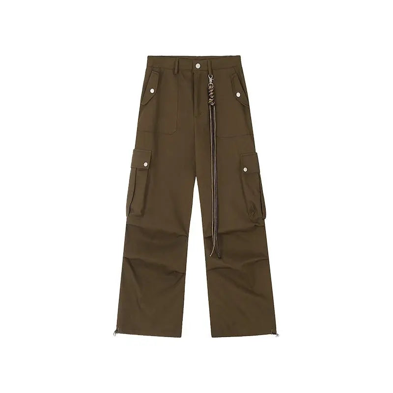 Autumn Winter New High Waist Solid Button Men's Clothing Wide Leg Trousers Loose Korean Pockets All-match Trend Chic Cargo Pants