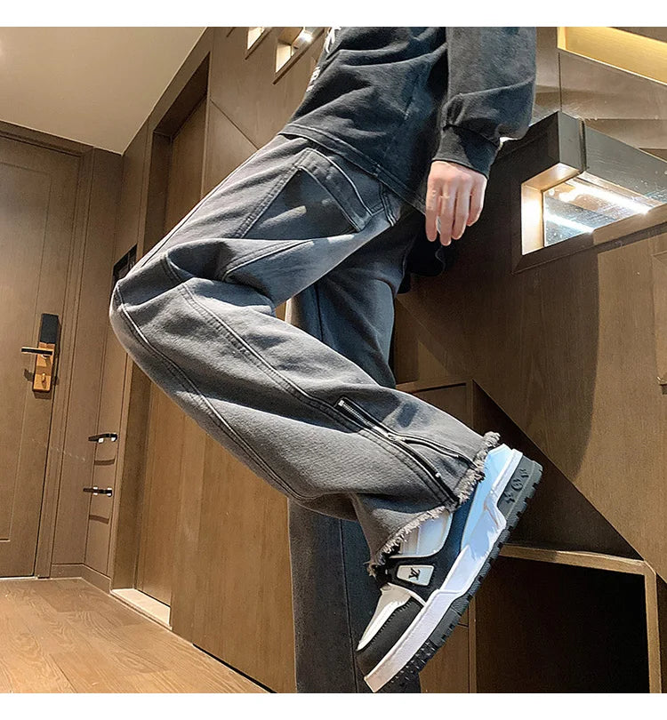 Autumn jeans men New Fashion Side Zipper Casual Jean Pants Men High Street Loose Straight Pant Mens Vintage All-match Trousers