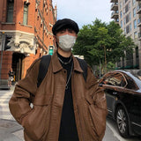 Mens Jacket Japanese Style Autumn Daily Casual Rib Sleeve Warm Streetwear All-match Outerwear Solid Color Multi Pockets Retro