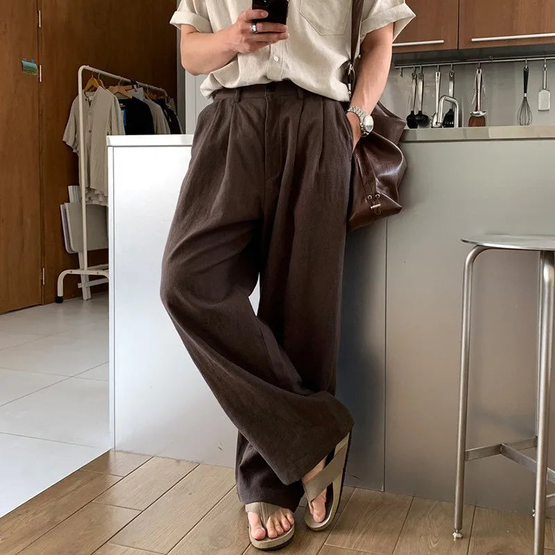 New Japanese Retro Men Casual Pants Luxury Draped Wide Leg Leisure Solid Color Straight Trousers High Quality Elegant Sweatpants