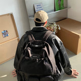 Autumn Street Trendy PU Leather Jacket Casual Textured Locomotive Zipper Turn-down Collar Solid Color Long Sleeve Men's Coats