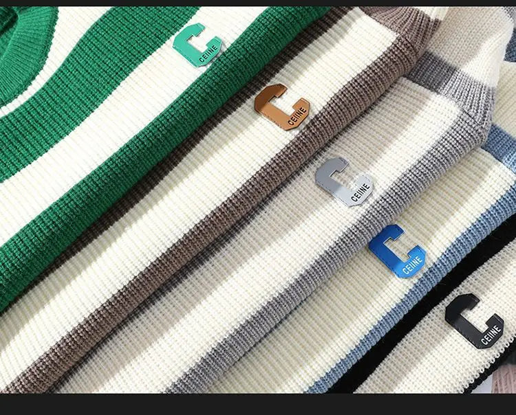 Autumn/Winter Men's Pullover Round Neck Loose Striped Contrast Letter Warm and Thick Casual Fashion Elegant Commuting Knitwear