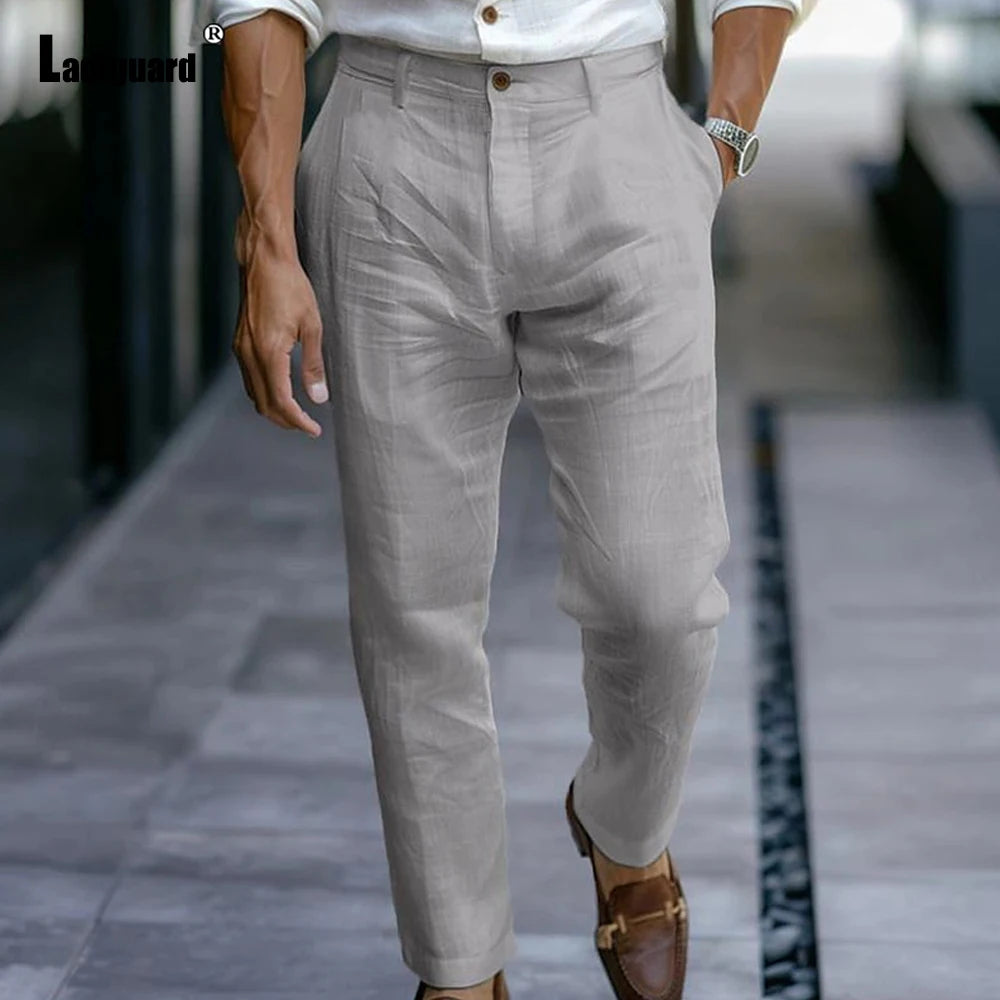 2025 Men's Stand Pocket LInen Beach Pants Solid White Trouser Plus Size Mens Casual Straight Pants Male Ankle-Length Bottoms New