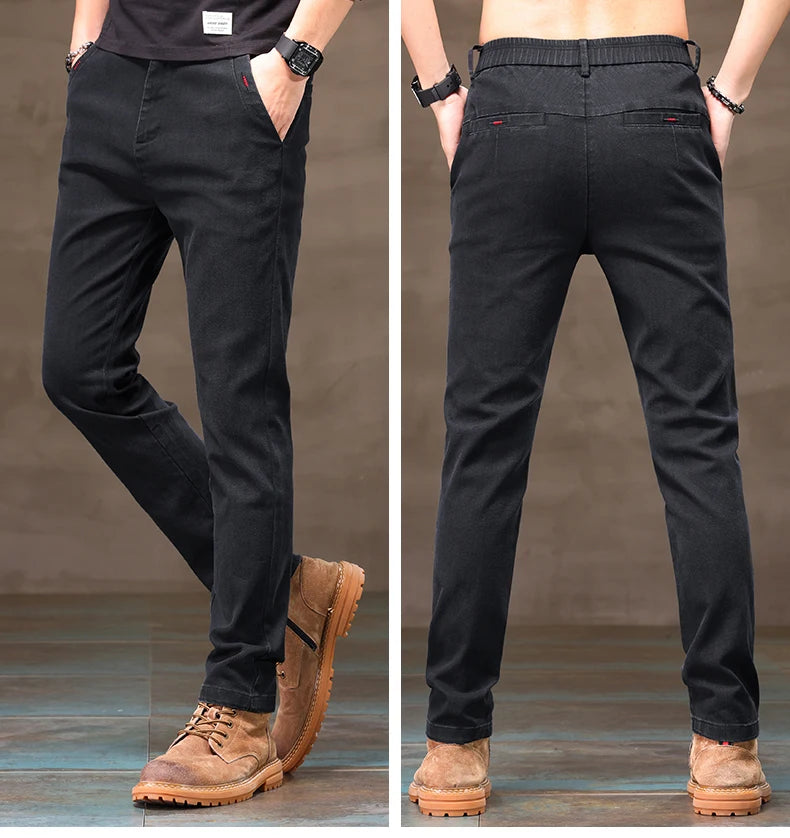 Men's Business Casual Pants Stretch Slim Fit Straight Semi-elastic Waist Trousers Solid Classic Office Work Male Clothing