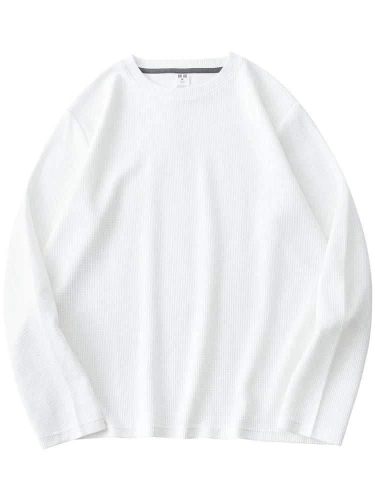 260G Men's Autumn Heavyweight Premium Waffle Basic T-shirt Long Sleeve Simple Solid Color Delicate White Tees Casual Daily Tops
