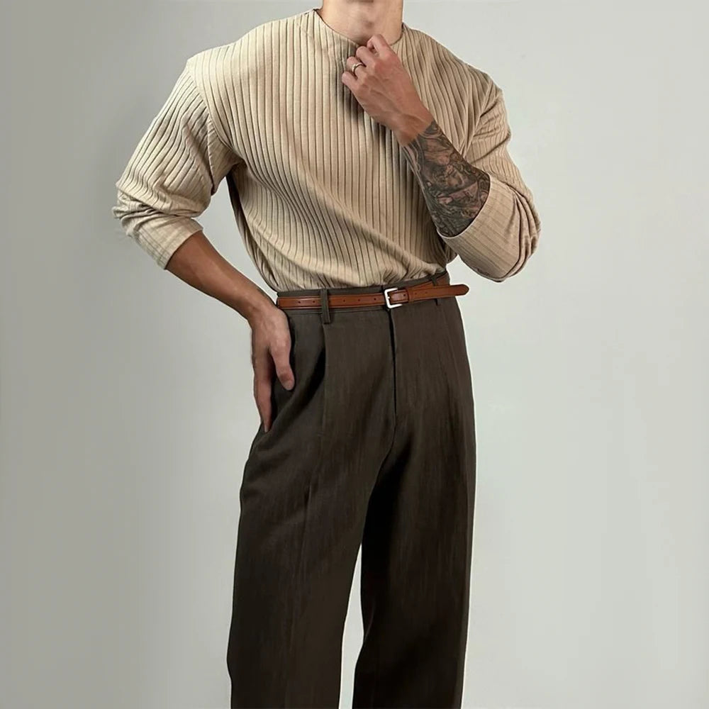 Mens Autumn Concave Convex Striped Off-Shoulder Long-Sleeved Knitted T-Shirt Gender-Neutral Casual Solid Color Loose Top Unisex