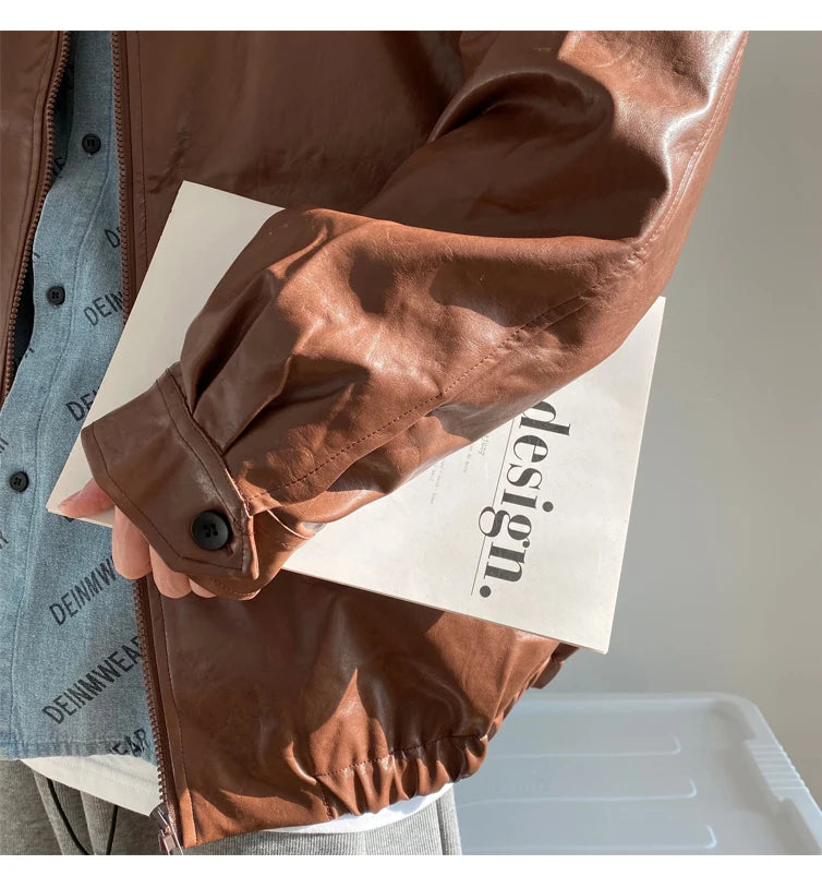 Autumn Street Trendy PU Leather Jacket Casual Textured Locomotive Zipper Turn-down Collar Solid Color Long Sleeve Men's Coats