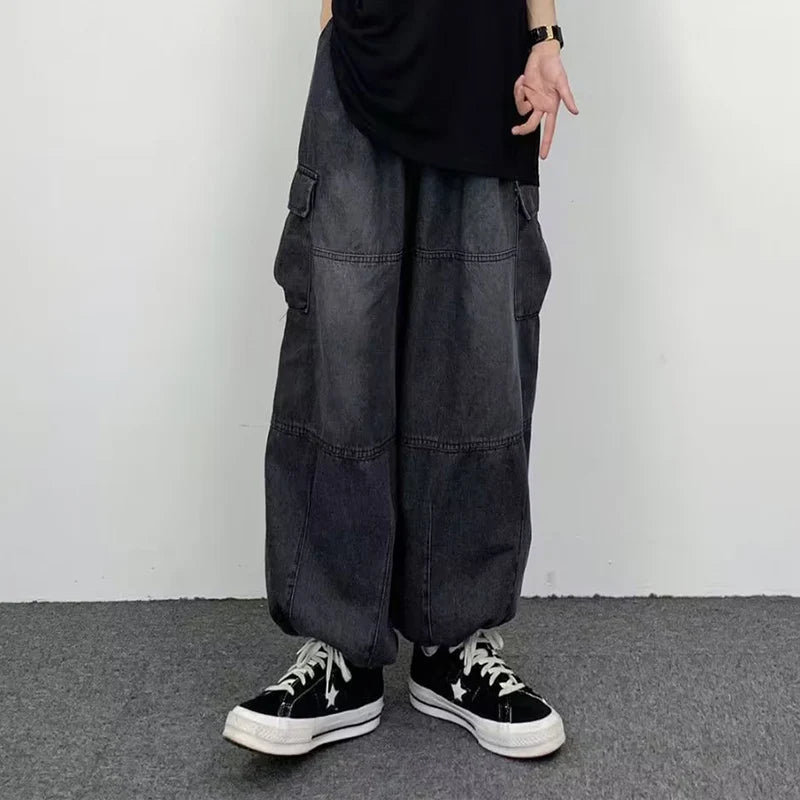Men New Street Vintage Jeans Male Wide Leg Big Pocket Overalls Y2K Neutral Loose Straight Leg Casual High Street Hip Hop Pants