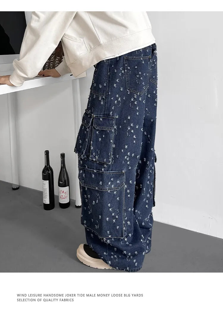 Cargo jean pants Men Wide Leg DenimLoose Straight Baggy Men's Jeans hip hop Streetwear Skateboard Neutral denim Trousers