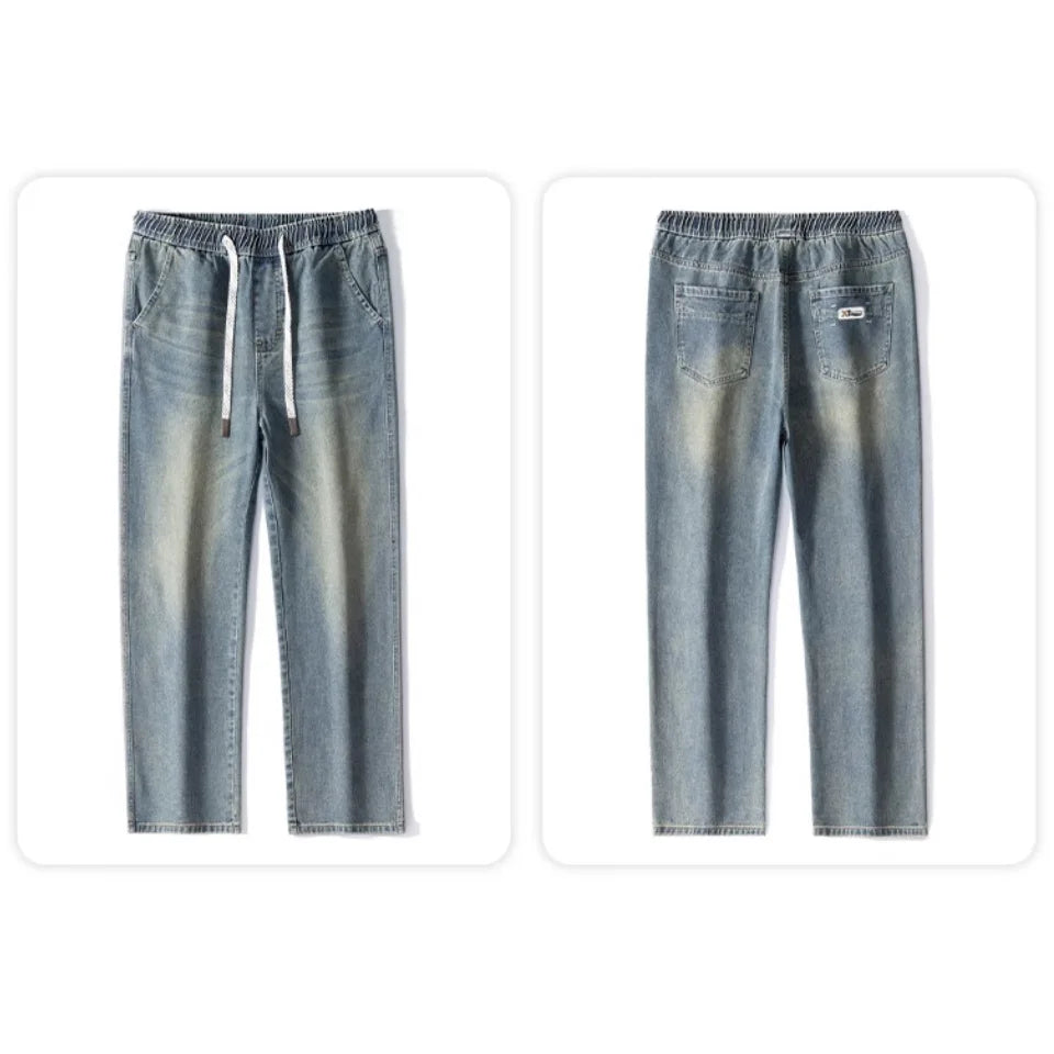 Men's Summer Baggy Jeans Big Size M-4XL Lightweight Cotton Wide Leg Straight Denim Pants Loose Fit Blue Jean Trousers