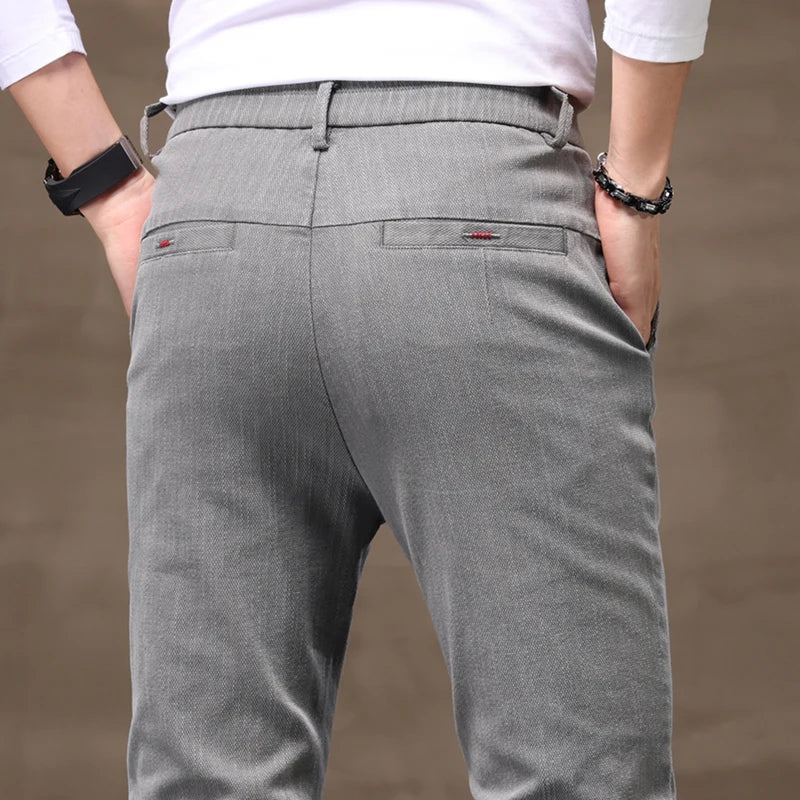 Men's Business Casual Pants Stretch Slim Fit Straight Semi-elastic Waist Trousers Solid Classic Office Work Male Clothing