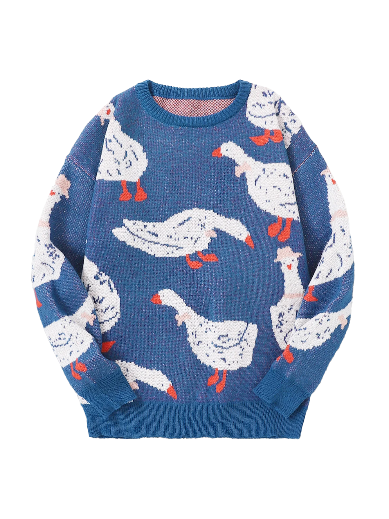New Popular Autumn Winter Cute Duck Jacquard Pattern Pullover Sweater Casual Round Neck Contrast Color Knitted Men's Pullover
