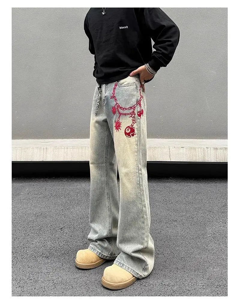 American retro men and women trend personalized embroidered straight leg washed jeans couple spring and autumn casual pants y2k