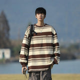 Striped T-shirts Men Advanced Slouchy O-neck Long Sleeve Japanese Style Vintage Baggy Casual Clothing Autumn Fashion Harajuku