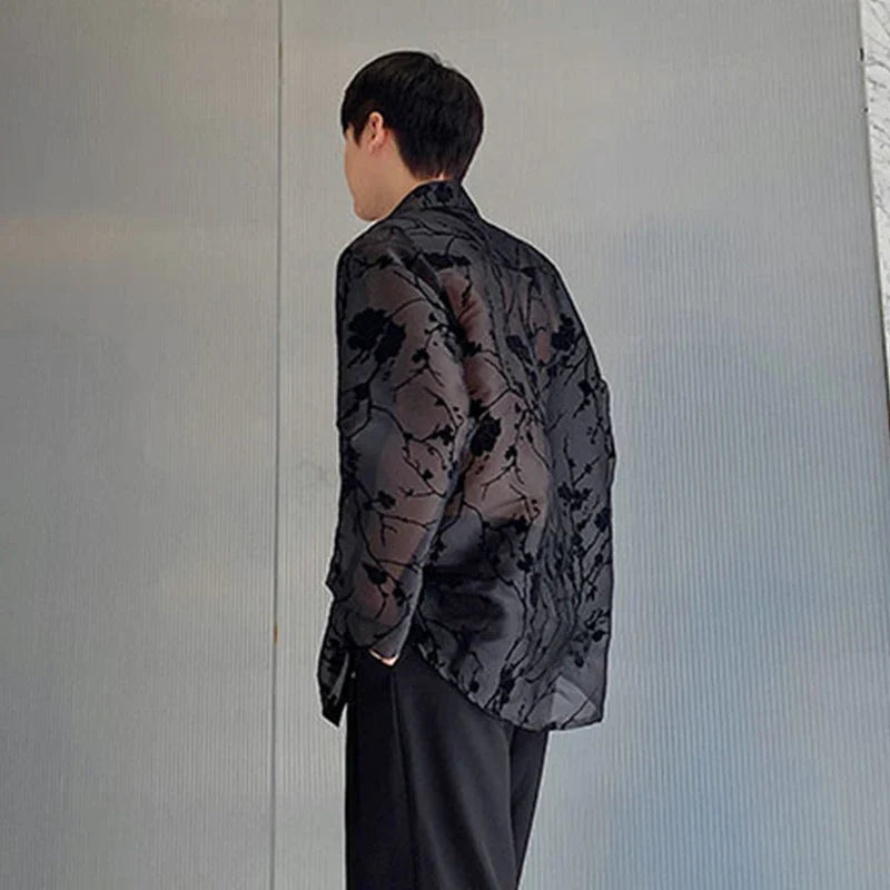 Chinese Style Men's Shirts Autumn Jacquard Turn-down Collar Long Sleeve Lace-up Trend Male Thin Sun-proof Top