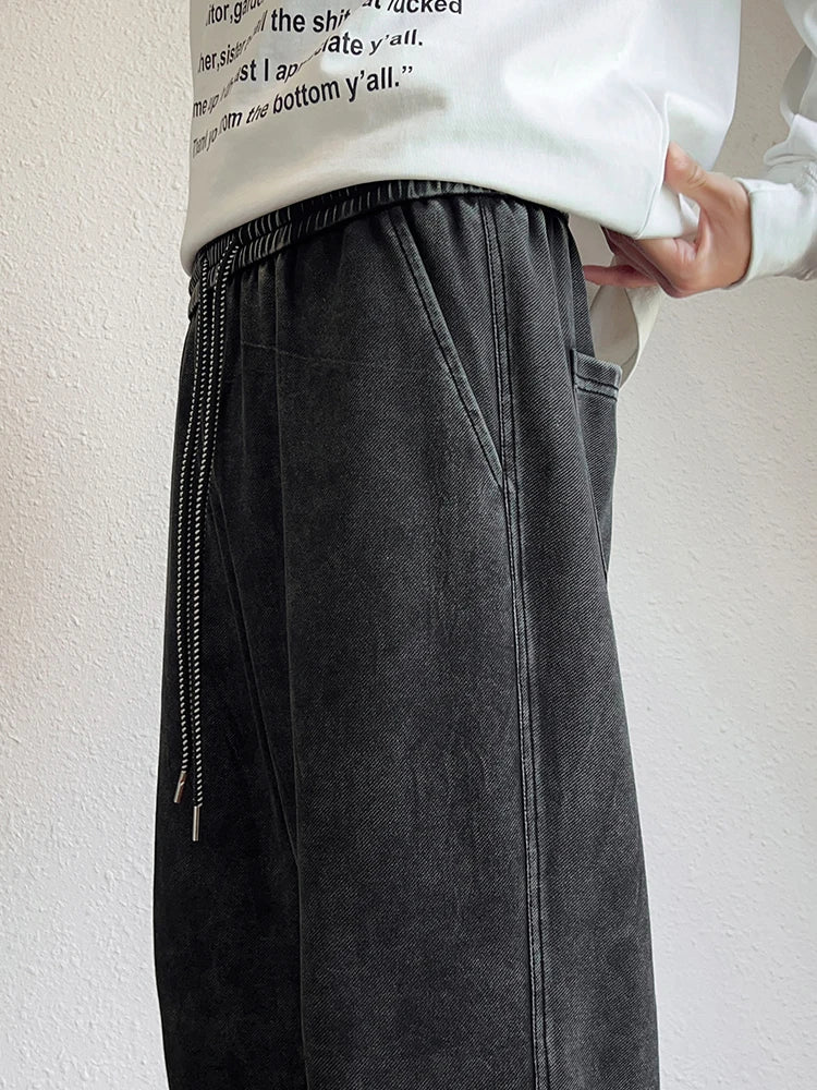 Mens Sweatpants High Street Acid Washed Cotton Elastic Waist Wide Leg Jogger Pants Drawstring Workout Long Pants