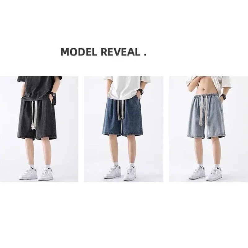 Men New Casual Shorts Male Summer Fashion Straight Leg Five Quarter Loose Fit Denim Pants High Street Wide Leg Baggy Pants