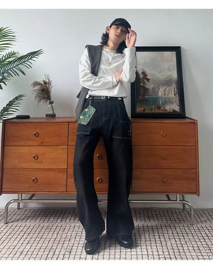 JEANS MEN Black Straight Leg Mens Jeans Novel Pocket Design Front Patch Denim Pants Trendy Fashion Casual Trousers Hot Sale 2025