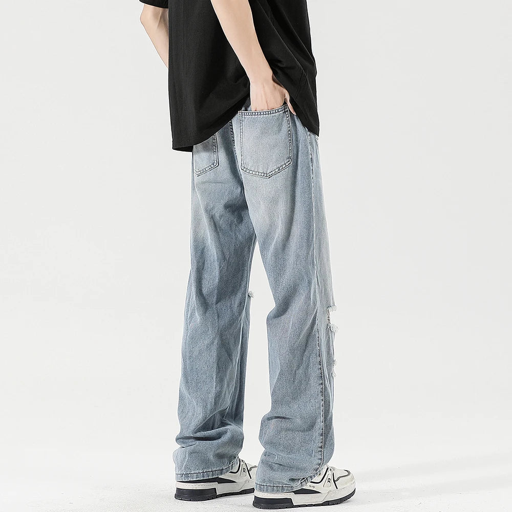 2025 Spring New Men's Ripped Jeans Baggy Straight Classic Light Blue Wide Leg Pants Elastic Waist Vintage Fashion Trousers Male