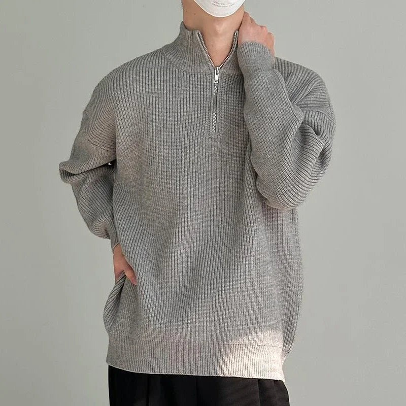 Man Clothes Solid Color Zip-up Knitted Sweaters For Men Black Zipper Plain Pullovers Stylish Casual Winter Fun Neck A