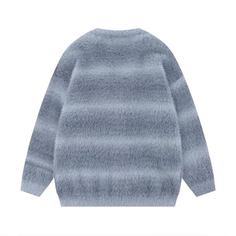 Autumn and Winter Striped Plush Thickened Men's Cardigan V-neck Fashionable Casual Loose Sweater Couple Streetwear Loose Knit