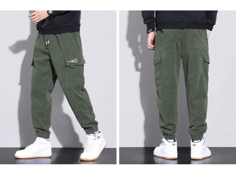 Autumn New Men's Corduroy Cargo Harem Pants Fashion Korean Embroidery Bound Feet Casual Pants Trendy Brand Male Trousers