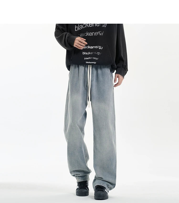New Men's Jeans Washed Jeans Pants Unisex Drawstring Denim Pants Male Streetwear Korean Straight cylinder loose Cowboy Trousers