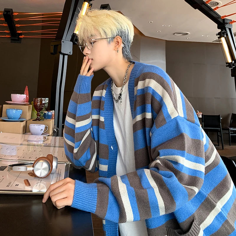 Autumn Striped Cardigan Sweater Men Korean Knitted Sweater Pullover Harajuku Hip Hop Streetwear Loose Knitwear Coat Male Clothes
