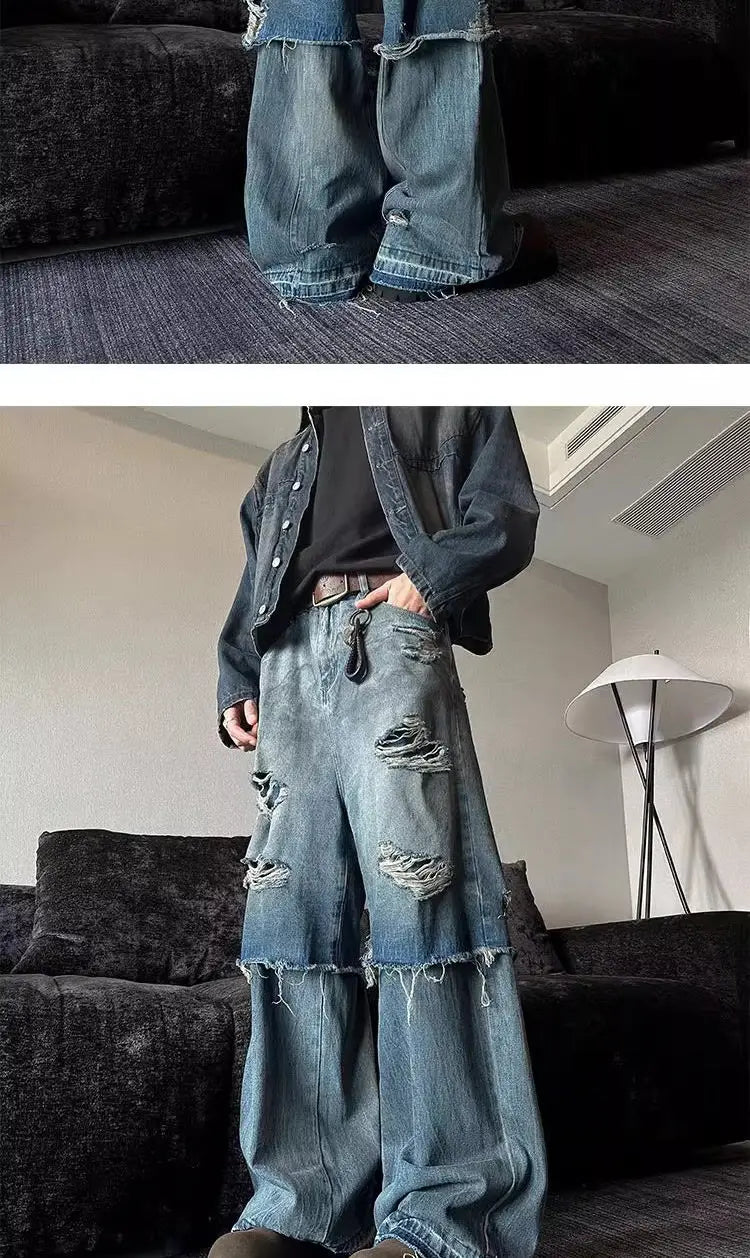 American Spring and Autumn Trendy Street Personalized Fake Two piece Straight leg Jeans Couple Loose Retro Casual Pants y2k