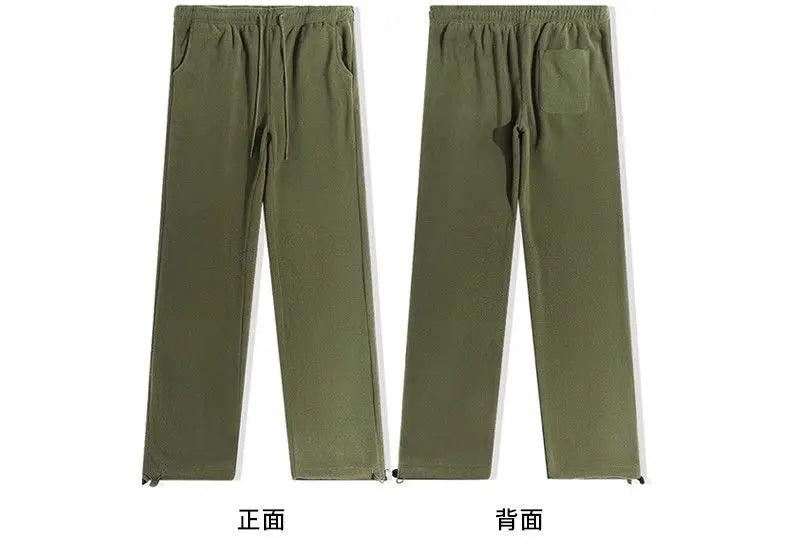 Double-sided Fleece! Retro Military Green Straight-leg Pants Women Loose Thickened Warm Drawstring Casual Wide-leg Pants Men