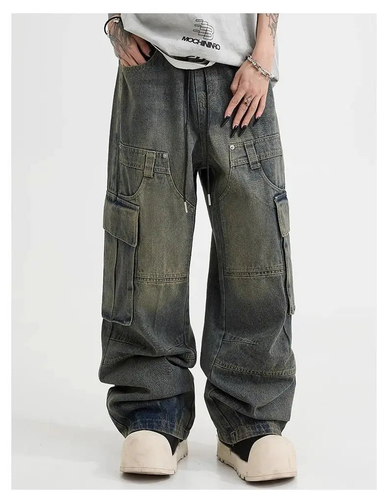 Spring High Street Men and Women Trendy Elastic Belt Work Clothes Jeans Couple Straight Tube Loose Water Washed Casual Pants y2k